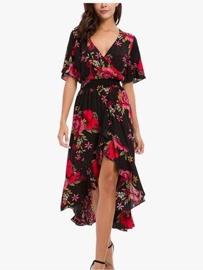 Kormei Womans Short Sleeve Floral Maxi Dress High Low V-Neck Flowy Party Dress